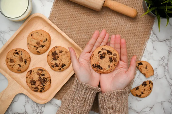 Top View Chocolate Chip Cookie Woman Hands Pastries Baking Space — Stock Photo, Image
