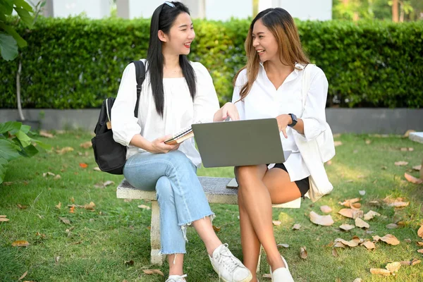Mutlu ve neşeli iki Asyalı üniversite öğrencisi kampüs parkında oturmuş dizüstü bilgisayarla projelerini tartışıyor ve üzerinde çalışıyorlar..