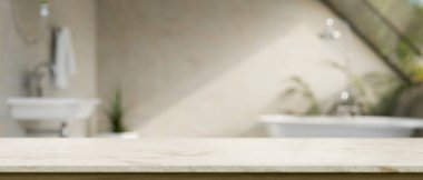 Modern masa üstünde boş bir alan var. Ürününüzün görüntüsü arka plandaki modern, şık, parlak banyoya karşı. 3d görüntüleme, 3d illüstrasyon