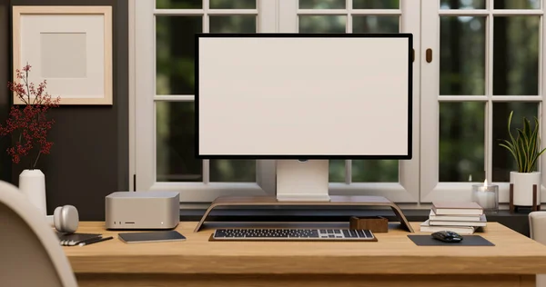 Close Home Office Workspace Computer White Screen Mockup Gadgets Accessories — Stock Photo, Image