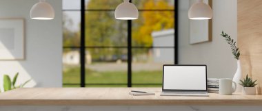 Laptop beyaz ekran maketi, kahve fincanı, kitap, dekor bitkileri ve ahşap tezgahtaki alanı arka plandaki bulanık geniş pencereye karşı kopyalayan modern parlak çalışma alanı. 3d oluşturma, ,
