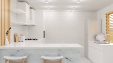 Beyaz mutfak tezgahının, taburelerin, ocağın, lavabonun, buzdolabının ve mutfak aletlerinin fotokopi alanının olduğu en az beyaz mutfak alanı. 3d görüntüleme, 3d illüstrasyon