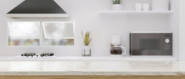 Yakın çekim görüntü, arka planda modern mutfak iç dekorasyonuna karşı ürün sergisi için modern mutfak masası. 3d görüntüleme, 3d illüstrasyon