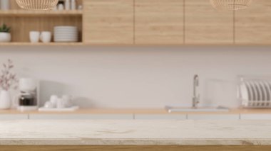 İskandinav mutfağının arka planında ahşap dolap ve mutfak masasının üstünde fotokopi alanı var. 3d görüntüleme, 3d illüstrasyon