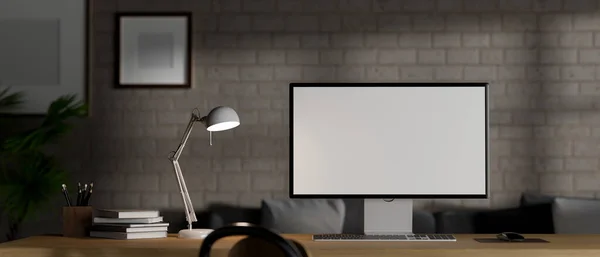 Moderne Hipster Loft Home Office Werkplek Met Computer Wit Scherm — Stockfoto