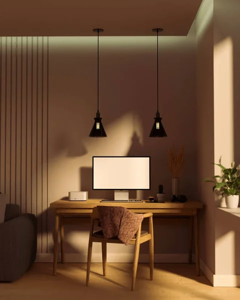 Modern Contemporary Home Workspace Living Room Interior Computer Blank Screen — ストック写真