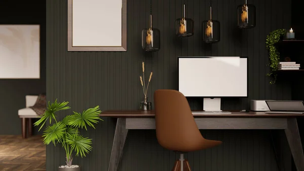 Modern Dark Elegance Office Workspace Desktop Computer Mockup Stylish Brown — стоковое фото