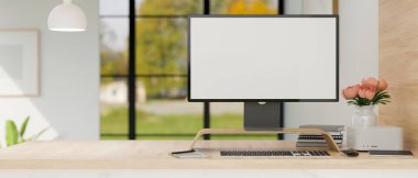 Beyaz ekran maketi, aksesuarlar ve açık ahşap masa üstüne kopyalama alanı olan rahat bir çalışma alanı. 3d görüntüleme, 3d illüstrasyon