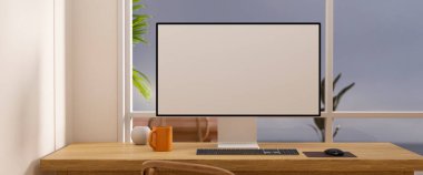 Bilgisayarın boş ekran maketi, kahve fincanı, klavye ve aksesuarları pencereye dayalı olan rahat çalışma alanı. 3d görüntüleme, 3d illüstrasyon