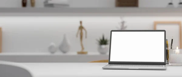 Workspace Modern Luxury Room Interior Design Laptop White Screen Mockup — Fotografia de Stock