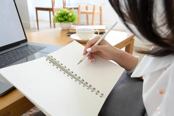 Close Image Female College Student Writing Her Homework Spiral Notebook — Foto de Stock