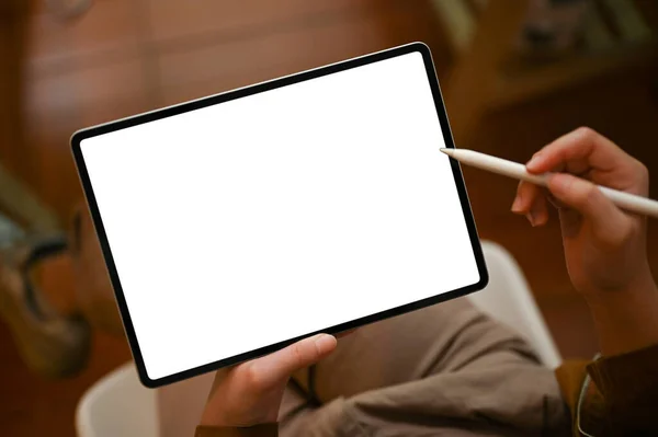 View Female Hands Holding Stylus Pen Using Digital Tablet Touchpad — Photo