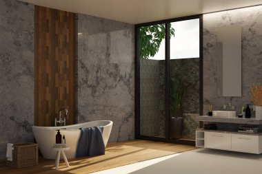 Modern şehir banyosu, banyo küveti, modern banyo lavabosu, banyo aksesuarları, koyu mermer duvar. 3d görüntüleme, 3d illüstrasyon