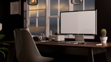 Akşamları modern ev içi çalışma alanı, boş ekran bilgisayar ve aksesuarlar pencereye karşı masanın üzerinde. 3d görüntüleme, 3d illüstrasyon