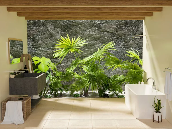 Moderno Bagno Lusso Con Piante Della Giungla Tropicale Verde Naturale — Foto Stock