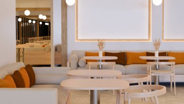 Modern şık restoran ya da kahve dükkanı modern kahve masası, renkli yastıkları ve süslemeleri olan rahat kanepe. 3d görüntüleme, 3d illüstrasyon