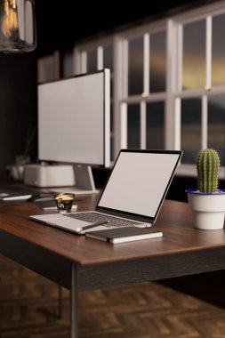 Yakın plan görüntü, modern çağdaş klasik ev çalışma alanı iç tasarımı dizüstü bilgisayar beyaz ekranı ve koyu ahşap masa. 3d görüntüleme, 3d illüstrasyon