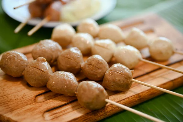 Asian Thai Street Food Style Grilled Meat Balls Stick Grilled — Stock Photo, Image