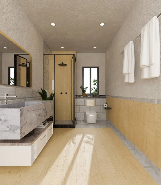 Moderní Světlý Design Interiéru Koupelny Mramorovým Kamenným Dřezem Dešťovou Sprchou — Stock fotografie