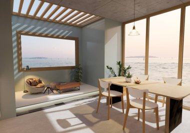 Sahil evi iç mimarisi modern rahat bir şekilde tasarlandı, şık bir yemek masası seti, modern, deniz manzaralı camdan pencereli bir yaşam alanı. 3d görüntüleme, 3d illüstrasyon