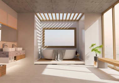 Lüks banyo küveti, modern çift lavabo, ahşap koltuk, kapalı bitki ve dekor, deniz manzaralı büyük cam pencere. 3d görüntüleme, 3d illüstrasyon