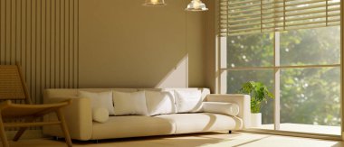 Modern rahat oturma odası modern şık ahşap koltuk ve pencerenin yanındaki minimumda rahat kanepe. 3d görüntüleme, 3d illüstrasyon