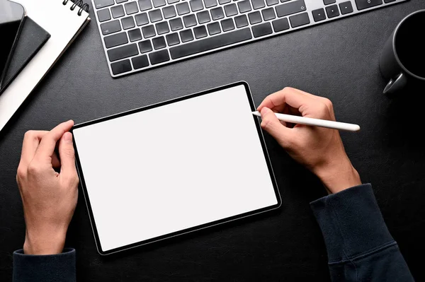 Man Using Stylus Pen Drawing Digital Tablet White Screen Mockup — 스톡 사진