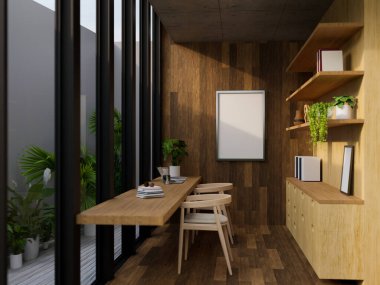 Cam pencerenin yanında uzun ahşap masa çalışma alanı ve dizüstü bilgisayarlar, ahşap sandalyeler, dahili raflar kombinasyonu ve ahşap duvarda boş çerçeve. Ortak çalışma alanı. 3d görüntüleme, 3d illüstrasyon