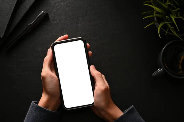 Smartphone Blank White Screen Mockup Man Hands Modern Stylish Black — Fotografia de Stock
