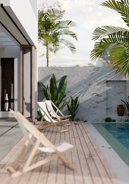 Modern private pool villa terrace with beach chairs, swimming pool and tropical outdoor plants. Private residence with private pool access. 3d rendering, 3d illustration