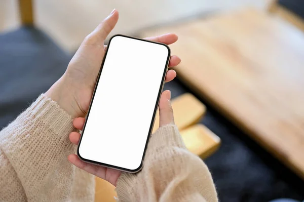 Mockup Screen Cellphone Woman Hands Blurred Office Desk Background Smartphone —  Fotos de Stock