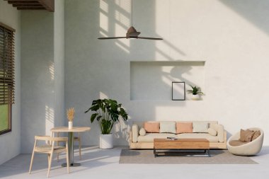 Asgari ve rahat mobilyaları, kanepesi, yuvarlak koltuğu, ahşap sehpası, ev bitkisi ve dekoru olan modern, minimal parlak oturma odası. 3d görüntüleme, 3d illüstrasyon