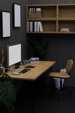 Modern koyu renkli iç mimari bilgisayar modellemesi ve ahşap masa, ahşap ofis sandalyesi, siyah duvarda ahşap kitaplık. Arka manzara, yakın plan. 3d görüntüleme, 3d illüstrasyon