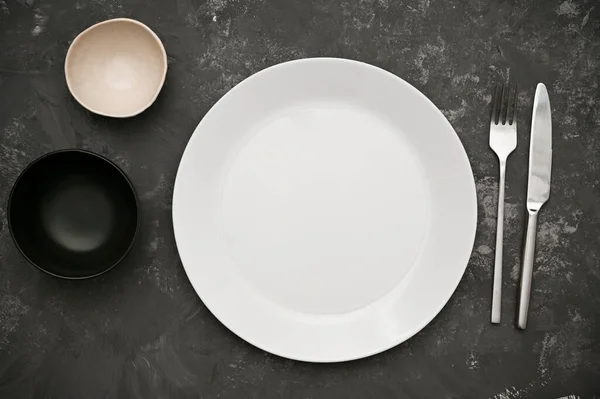Simple Dining Table Setting Empty White Plate Mockup Two Sauce — Zdjęcie stockowe