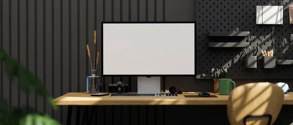 Modern Stylish Office Room Interior Design Desktop Computer Mockup Accessories — ストック写真