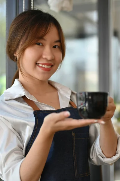 Attractive Asian Young Female Barista Cup Coffee Standing Her Modern —  Fotos de Stock