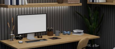 Moda bir ofis stüdyosu çalışma alanı iç tasarımı bilgisayar boş ekran modeli, ofis malzemeleri ve ahşap masa üzerindeki dekorasyonla siyah tahta duvara karşı. 3d görüntüleme, 3d illüstrasyon