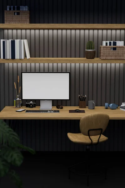 Современный Стильный Дизайн Интерьера Черного Офиса Компьютерным Белым Макетом Экрана — стоковое фото