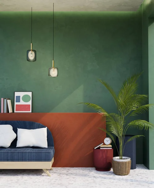 Modern colourful living room interior design with blue sofa, indoor plant, tiny coffee table with decor, pendant lights and stylish picture on green wall. 3d rendering, 3d illustration