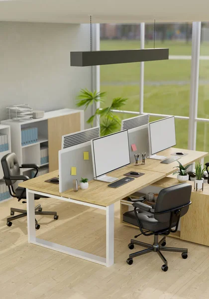 Modern Kantoor Open Werkplek Met Computer Accessoires Bureau Bureaustoelen Decor — Stockfoto