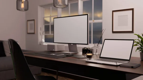 Moderner Stylischer Home Office Arbeitsplatz Mit Notebook Laptop Attrappe Und — Stockfoto
