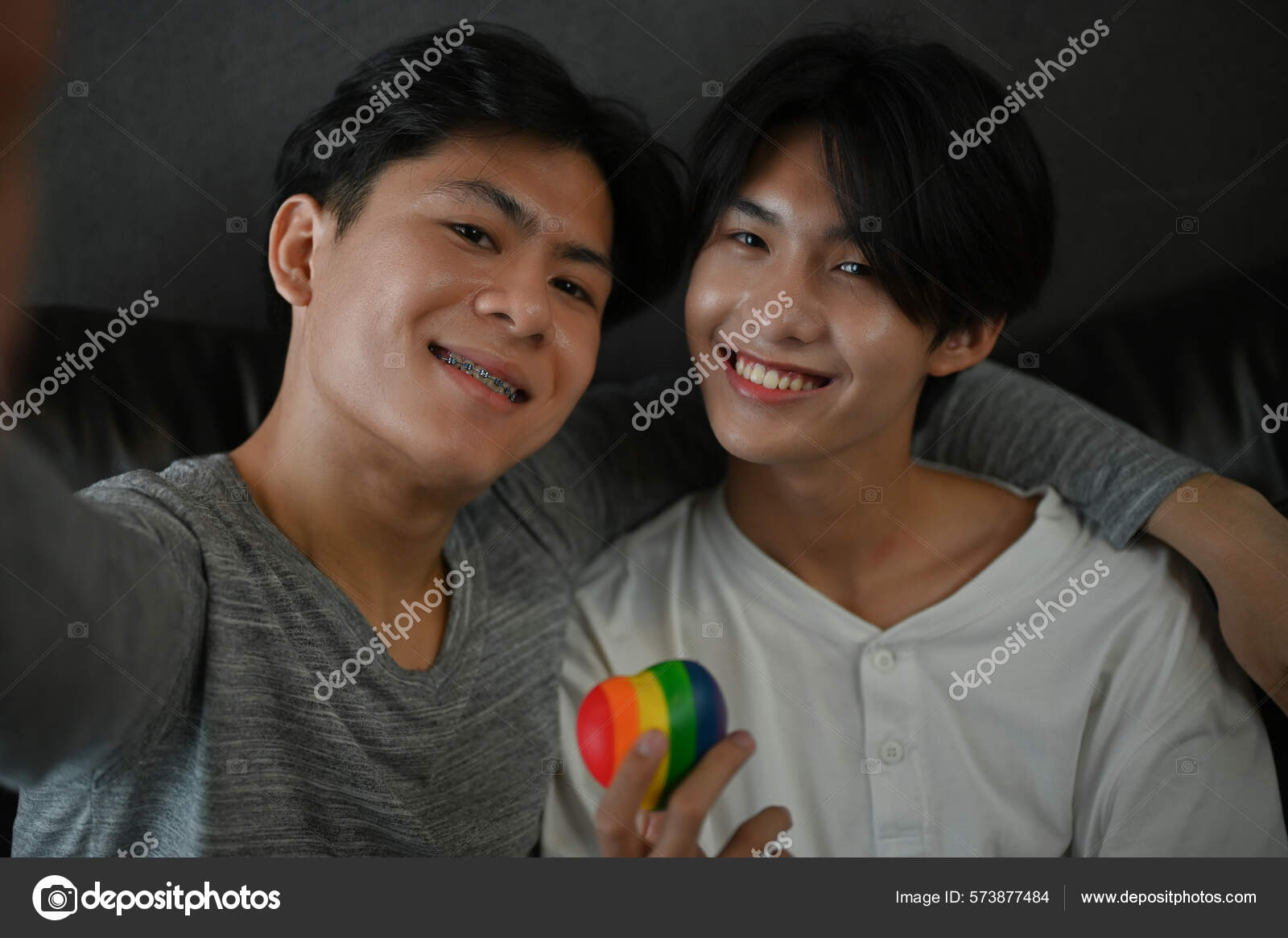 Portrait Asian Teen Gay Couple Holding Rainbow Heart Lgbt Pride Stock Photo  by ©BongkarnGraphic 573877484