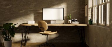 Modern çatı katı ofis çalışma alanı bilgisayar boş masaüstü maketi ve ahşap masa üzerindeki aksesuarlar ahşap ofis koltuğu ve çatı katı çimento duvarının üzerindeki kapalı bitki. 3d görüntüleme, 3d illüstrasyon