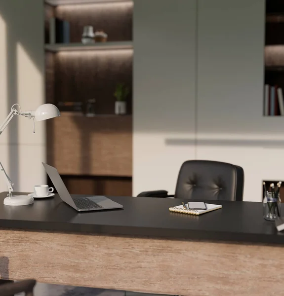 Modern CEO private office interior design with laptop, table lamp, coffee cup, smartphone and accessories on dark wood tabletop, modern black leather office chair. 3d rendering, 3d illustration