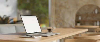 Minimum İskandinav kahve dükkanı iç tasarımında dizüstü bilgisayar ve kahve fincanı minimum ahşap masa üzerinde. yakın plan, 3D görüntüleme, 3d illüstrasyon