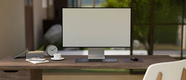 Modern contemporary vintage workspace with computer desktop mockup and office accessories on rustic wood table. 3d rendering, 3d illustration