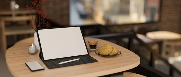 Confortável Café Área Estar Com Tablet Portátil Touchpad Mockup Smartphone — Fotografia de Stock