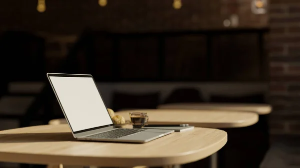 Ноутбук Ноутбука Пустой Макет Рабочего Стола Современном Деревянном Столе Удобной — стоковое фото