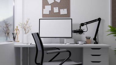 Beyaz duvarın üzerinde modern bilgisayar, mikrofon ve aksesuarlarla ev içi stüdyoları yayınlamak veya canlı yayın yapmak. 3d görüntüleme, 3d illüstrasyon