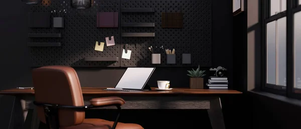 Moderne Élégant Intérieur Sombre Bureau Domicile Avec Maquette Tablette Accessoires — Photo